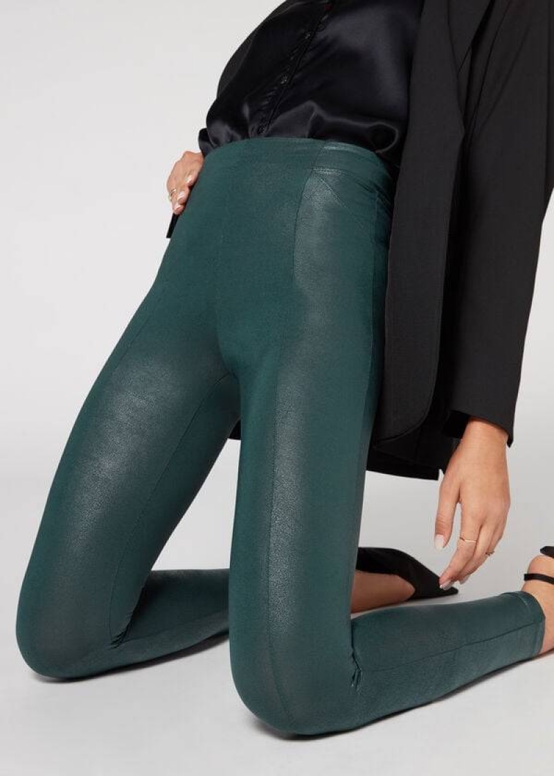 Calzedonia Coated Total Shaper Biker Leggings Damen Grün | DE1558QZ