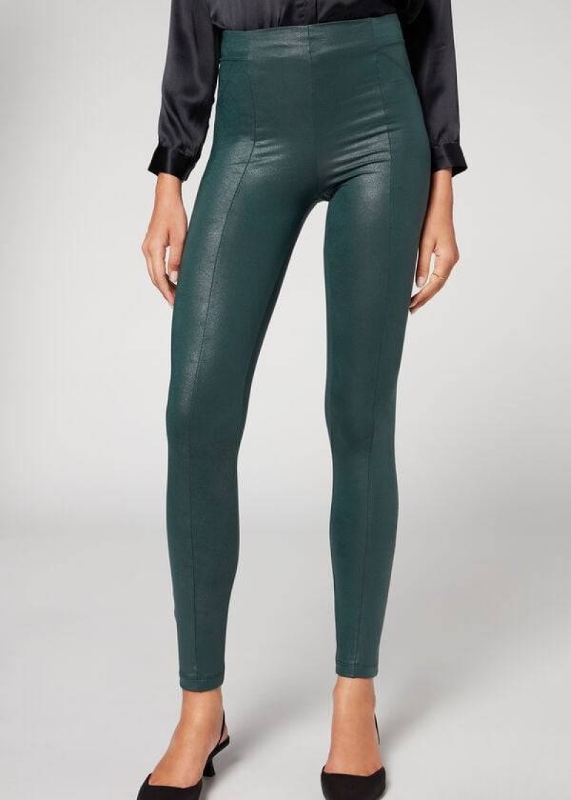 Calzedonia Coated Total Shaper Biker Leggings Damen Grün | DE1558QZ