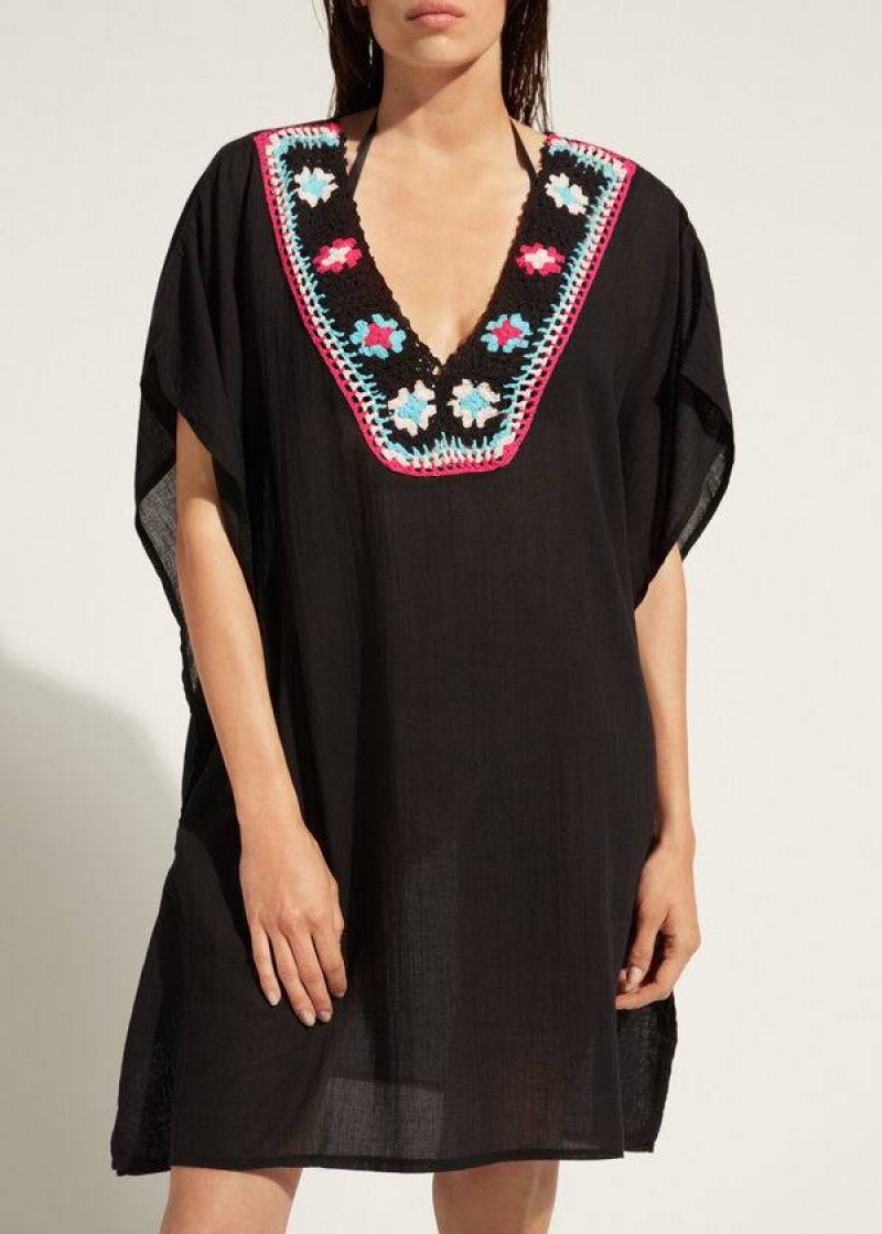 Calzedonia Crochet Neckline Kaftan Cover-Ups Damen Schwarz | DE2117FM