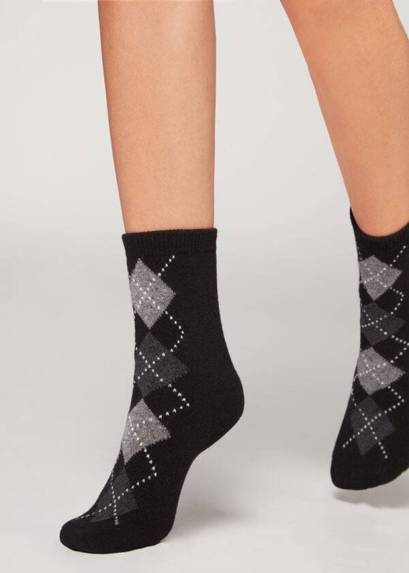 Calzedonia Diamond-Pattern Cashmere Kurzes Socken Damen Schwarz Grau | DE1780GL