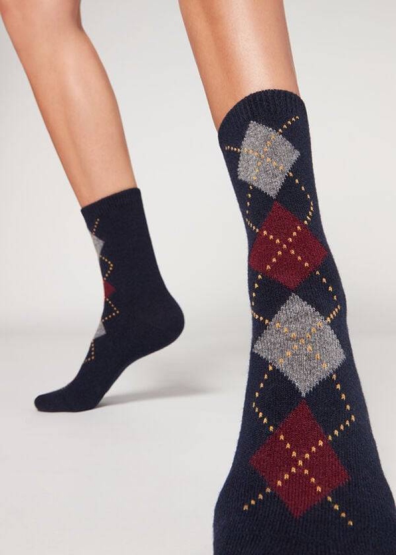 Calzedonia Diamond-Pattern Cashmere Kurzes Socken Damen Blau Rot | DE1779FM