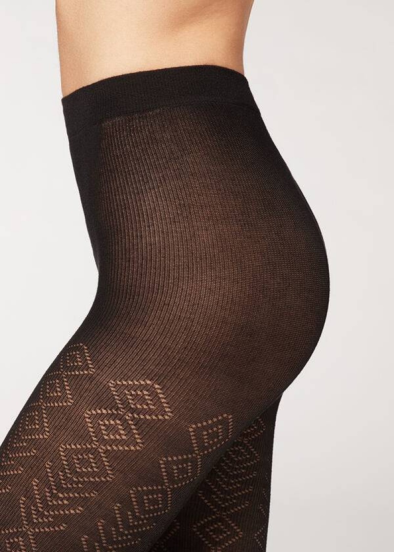 Calzedonia Diamond Pattern with Cashmere Patterned Strumpfhose Damen Schwarz | DE3098AP