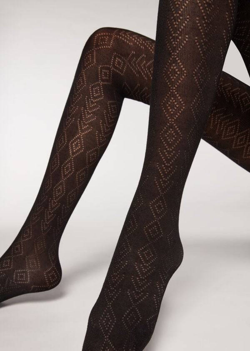 Calzedonia Diamond Pattern with Cashmere Patterned Strumpfhose Damen Schwarz | DE3098AP