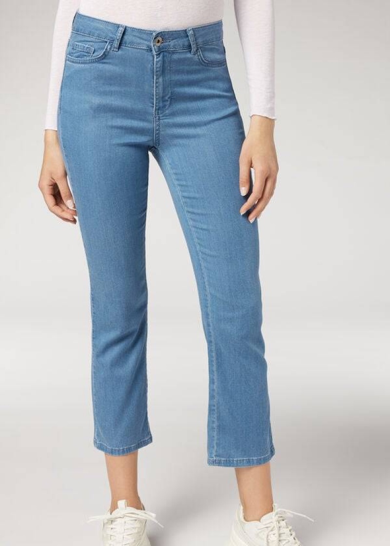 Calzedonia Eco Light Flared Cropped Denim Jeans Damen Blau | DE1621SO