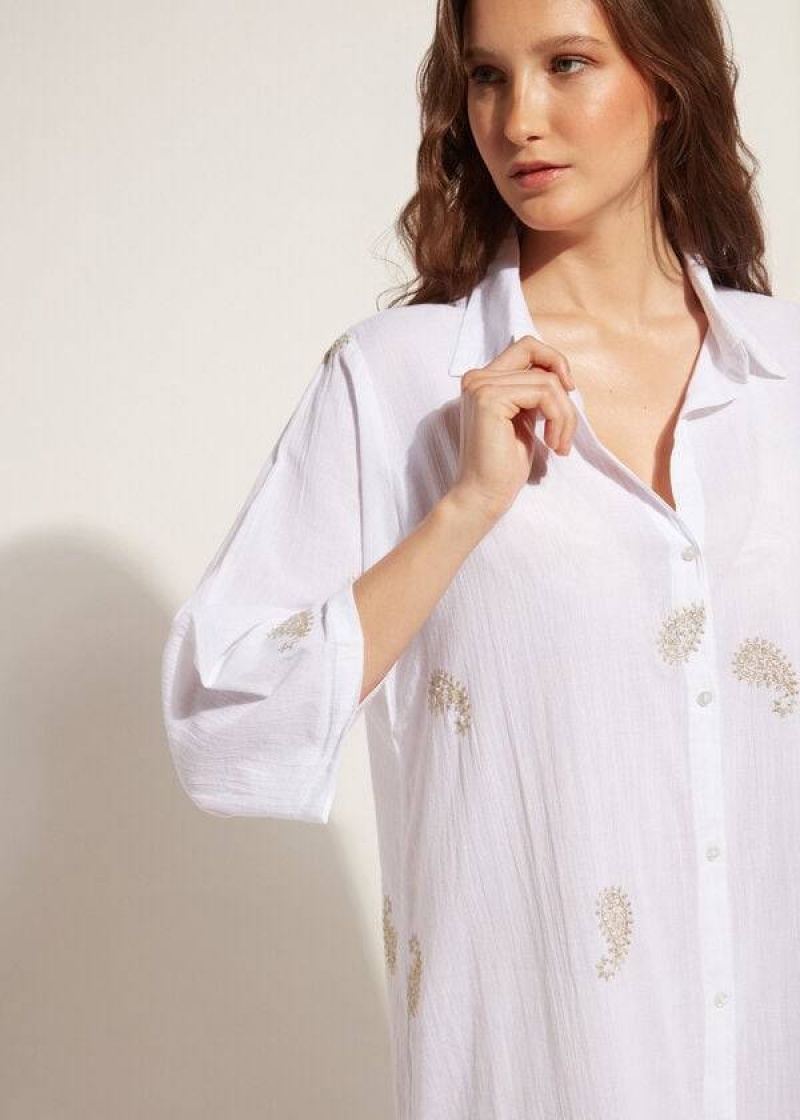 Calzedonia Embroidered Paisley Lamé Midi Shirt Cover-Ups Damen Weiß | DE2112OR