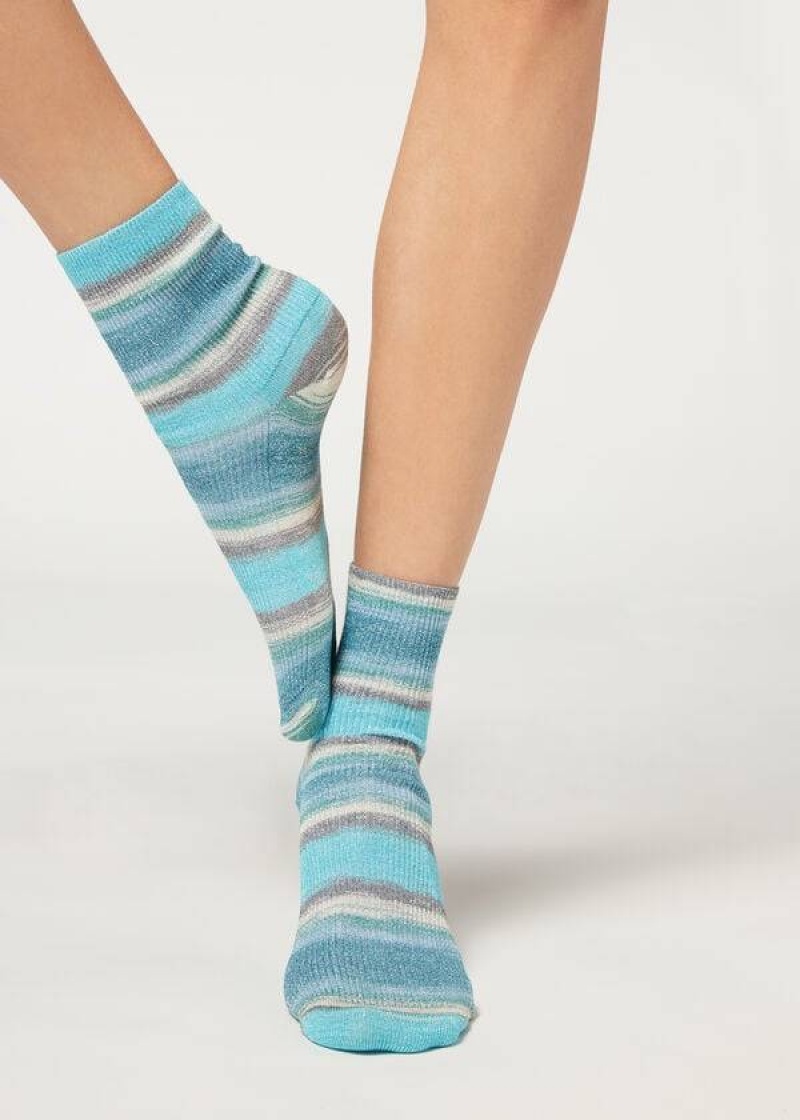 Calzedonia Faded Gestreift Kurzes with Glitter Socken Damen Blau | DE1758LH