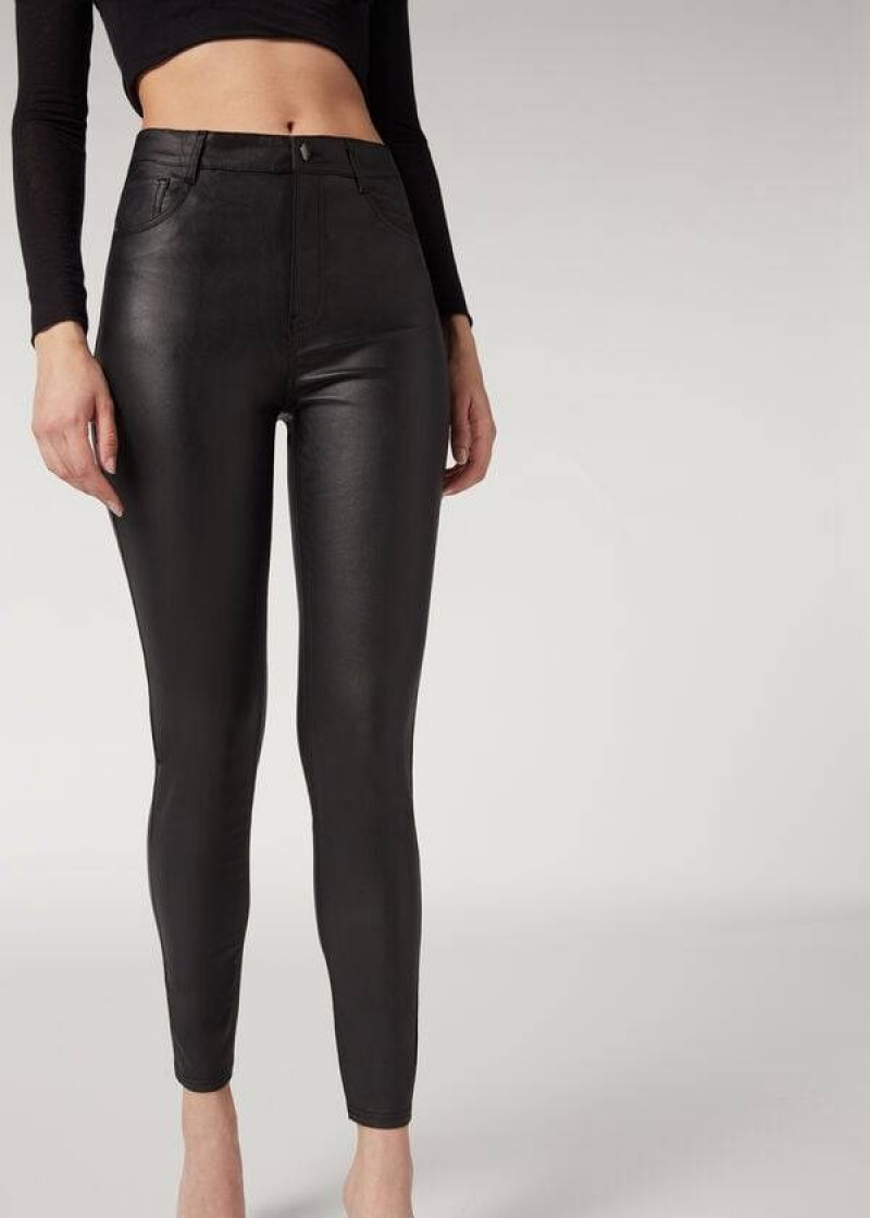 Calzedonia Faux Leder Schlank Leggings Damen Schwarz | DE1548JJ