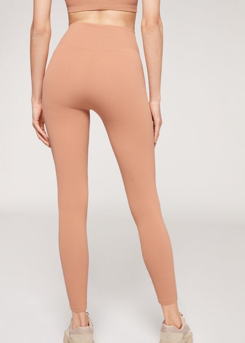 Calzedonia Fine Gerippt Seamless Sport Leggings Damen Beige | DE1540OR