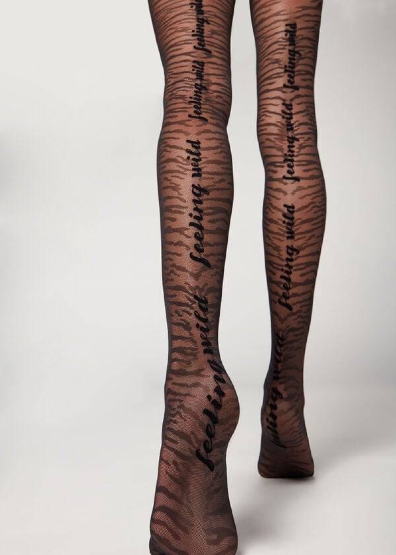 Calzedonia Flocked Tiger Text 50 Denier Patterned Strumpfhose Damen Schwarz | DE3094GL