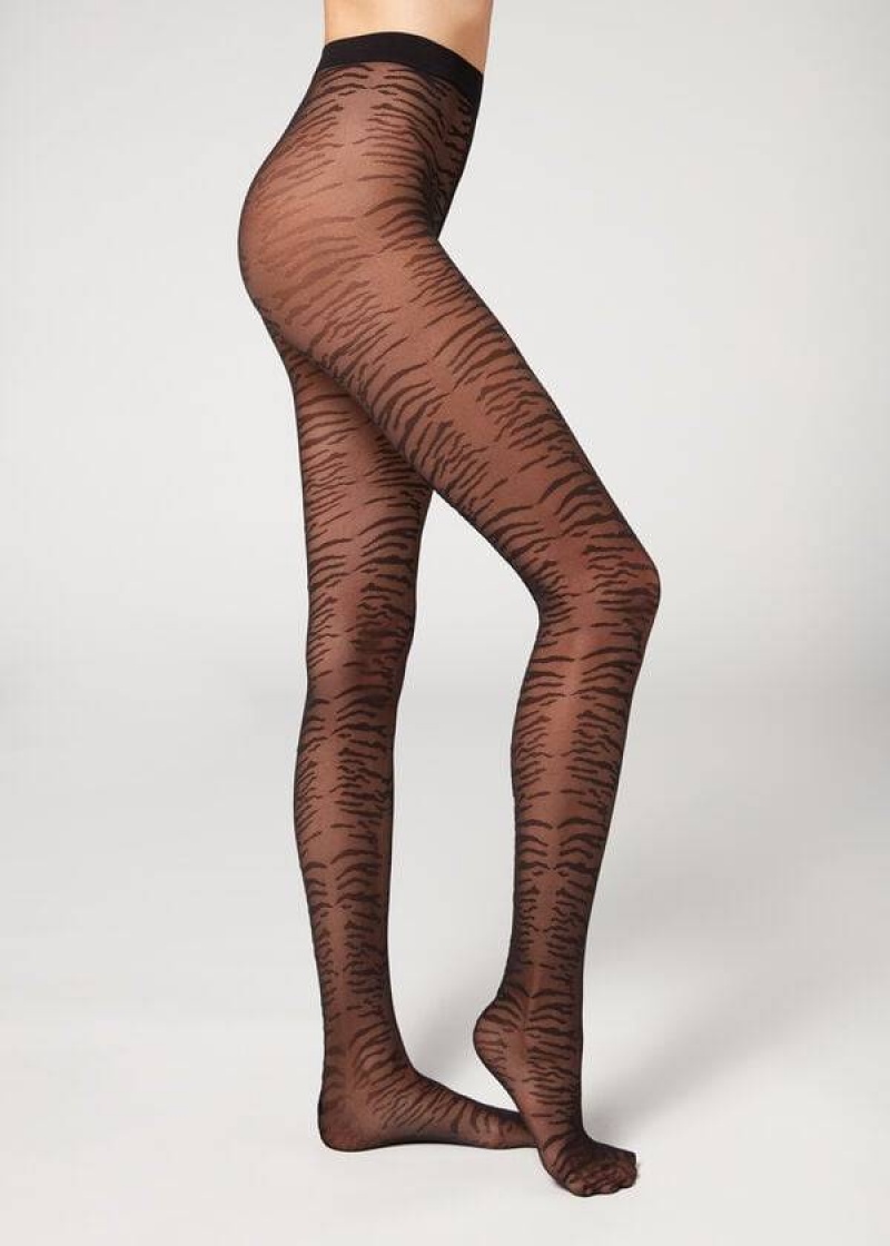 Calzedonia Flocked Tiger Text 50 Denier Patterned Strumpfhose Damen Schwarz | DE3094GL