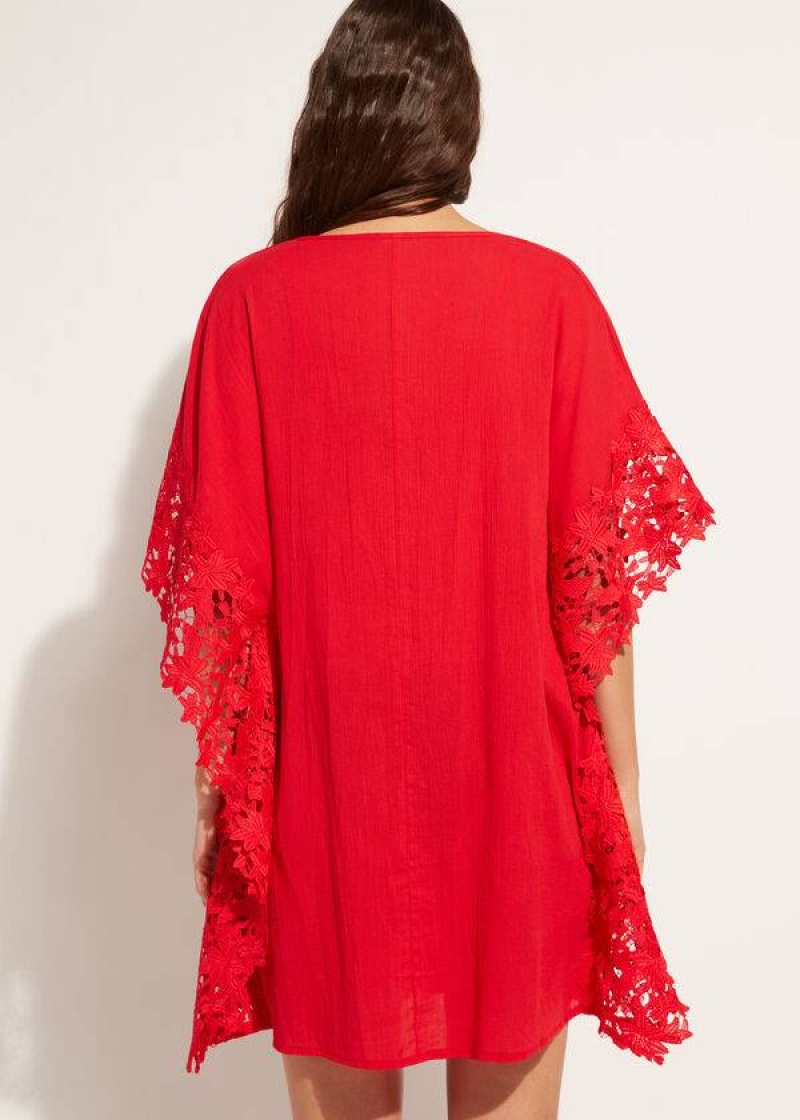 Calzedonia Floral Macramé Spitze Caftan Cover-Ups Damen Rot | DE2111IS