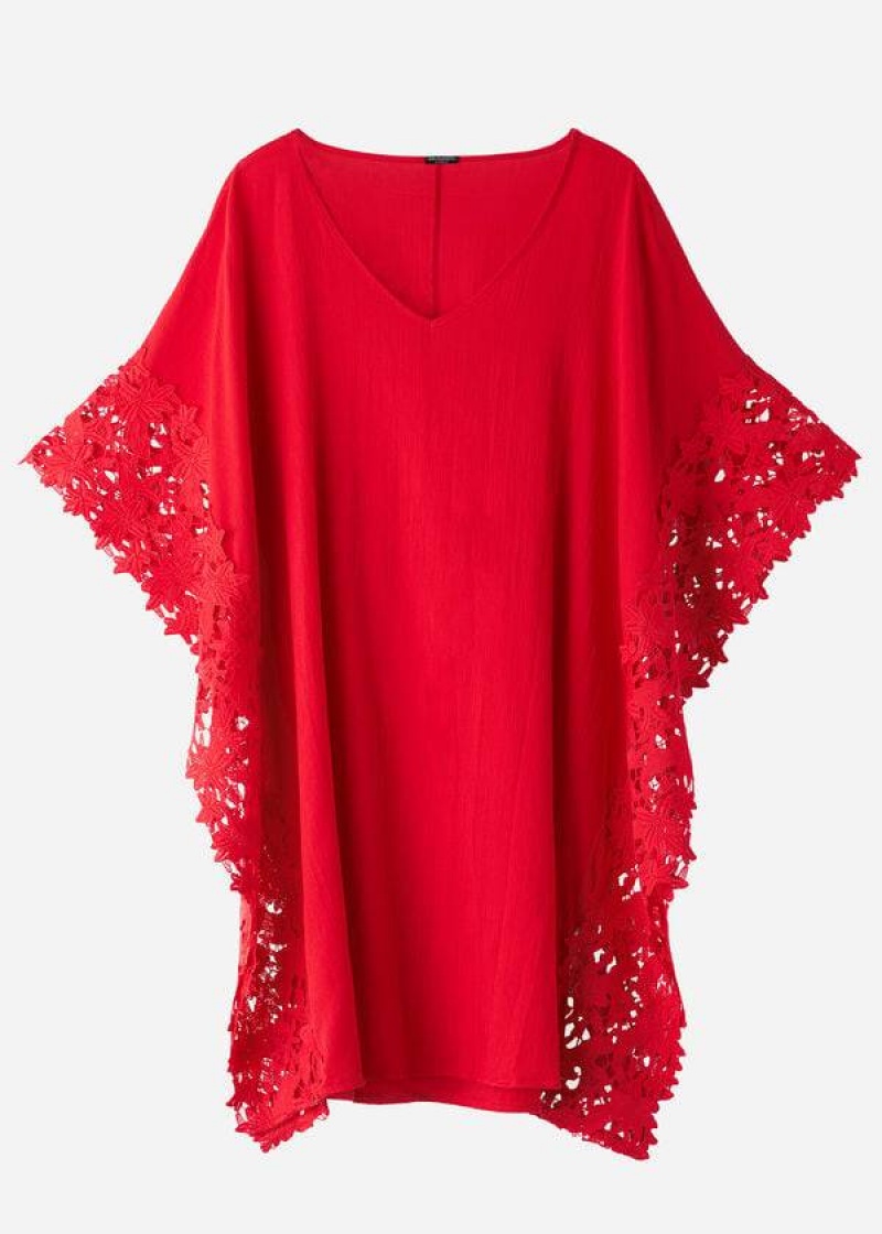 Calzedonia Floral Macramé Spitze Caftan Cover-Ups Damen Rot | DE2111IS