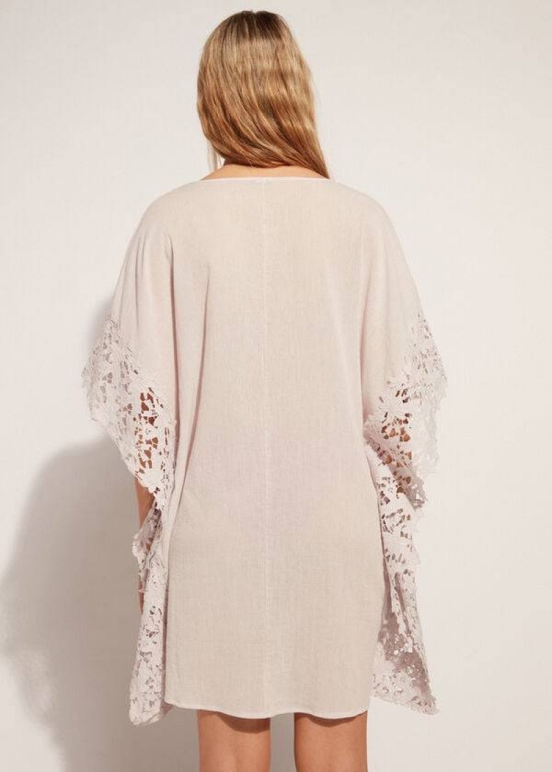 Calzedonia Floral Macramé Spitze Caftan Cover-Ups Damen Beige | DE2110UT