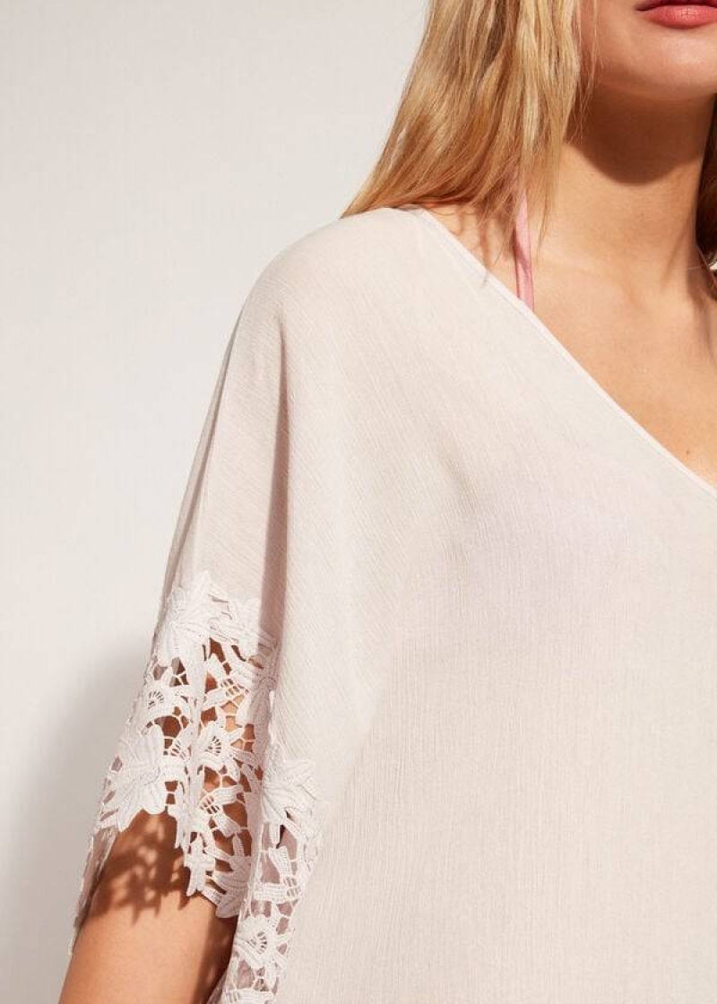 Calzedonia Floral Macramé Spitze Caftan Cover-Ups Damen Beige | DE2110UT