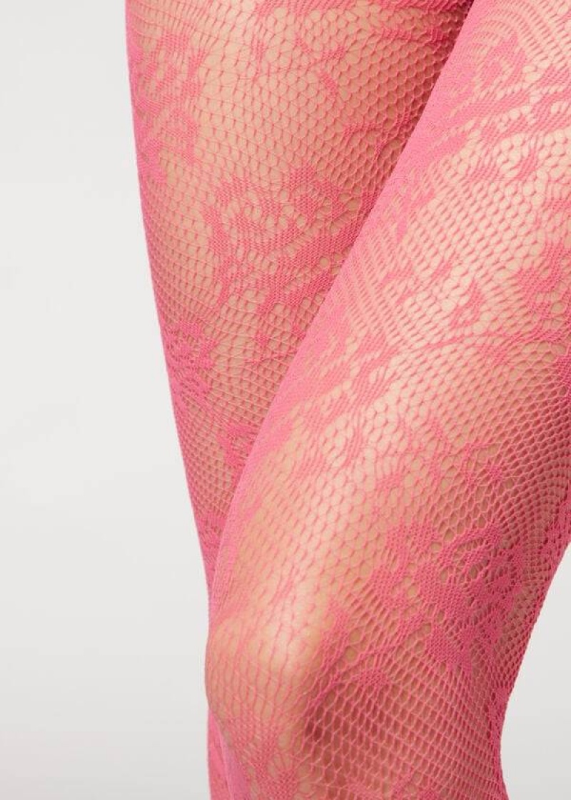 Calzedonia Floral Spitze-Motif Fishnet Patterned Strumpfhose Damen Rosa | DE3091KI