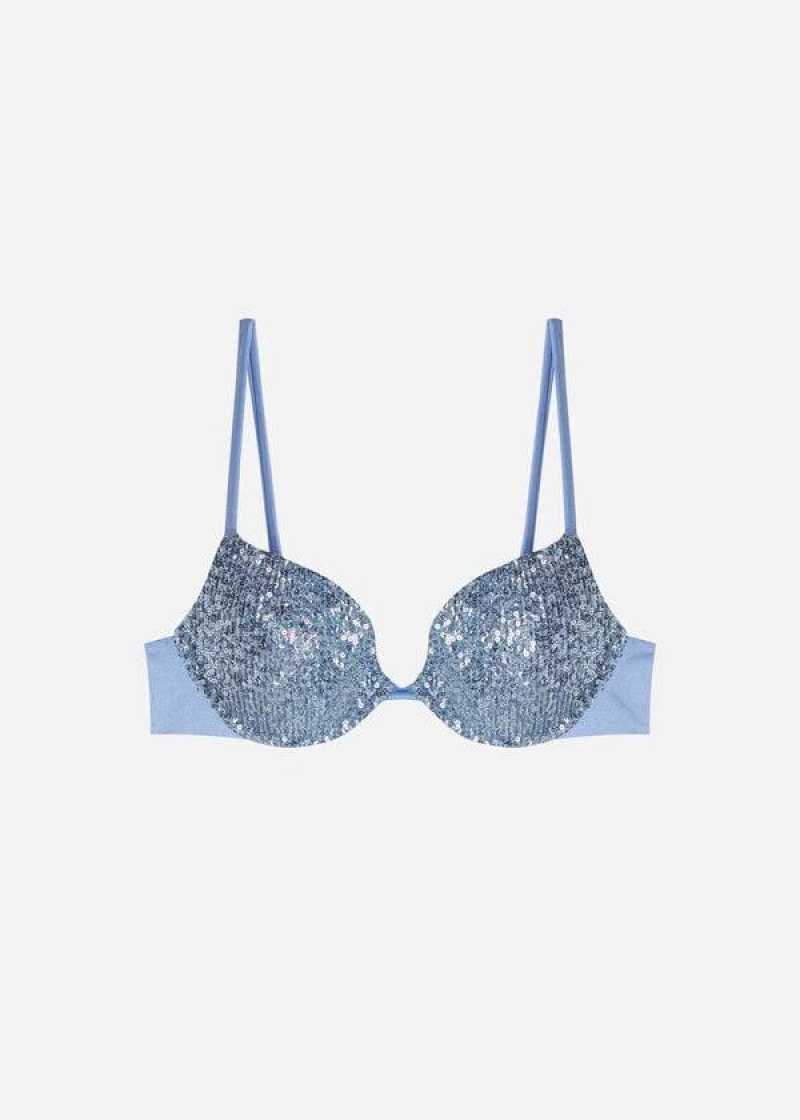 Calzedonia Gepolstert Push-Up Cannes Bikinioberteile Damen Blau | DE2352MA