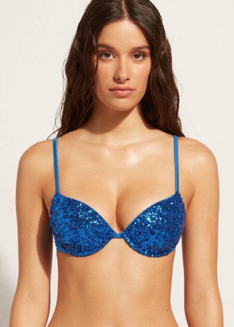 Calzedonia Gepolstert Push-Up Cannes rosa Bikinioberteile Damen Blau | DE2346YU