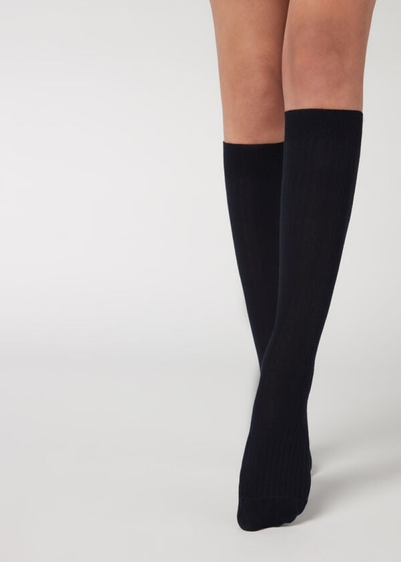 Calzedonia Gerippt Long with Cashmere Socken Damen Blau | DE1938JJ