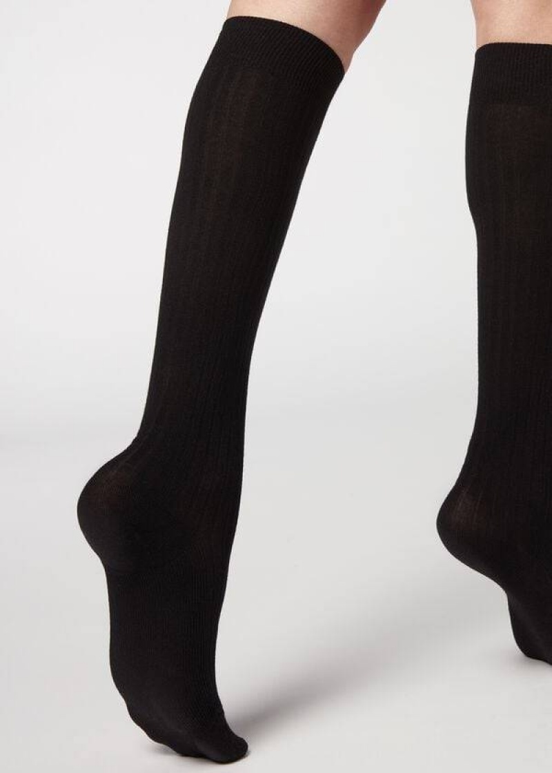 Calzedonia Gerippt Long with Cashmere Socken Damen Schwarz | DE1937HK