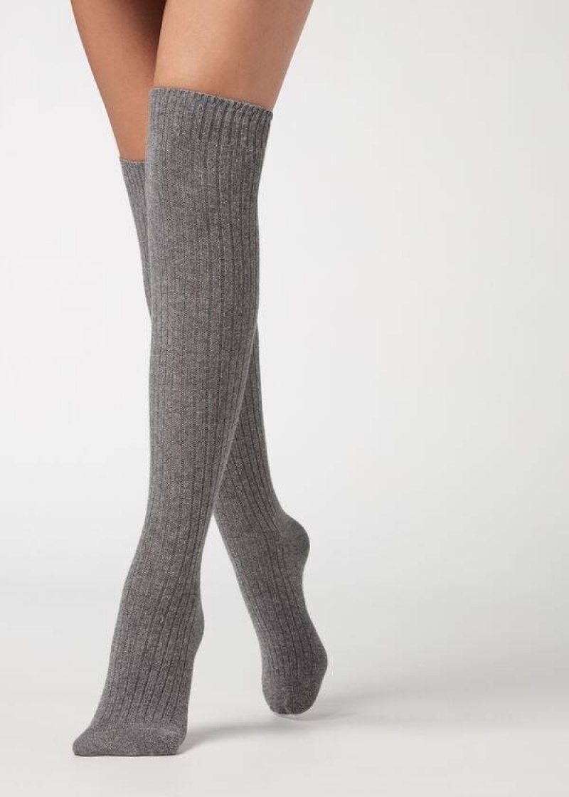 Calzedonia Gerippt Long with Wolle and Cashmere Socken Damen Grau | DE1936GL