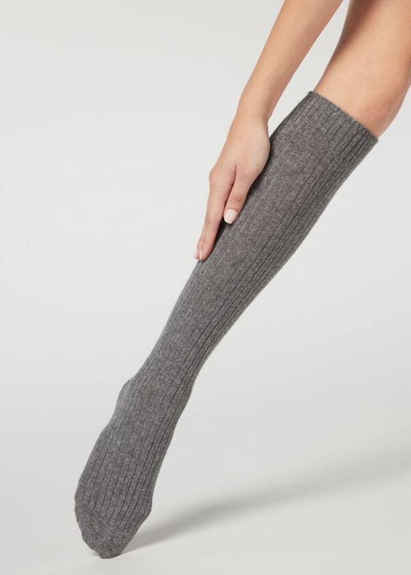 Calzedonia Gerippt Long with Wolle and Cashmere Socken Damen Grau | DE1936GL