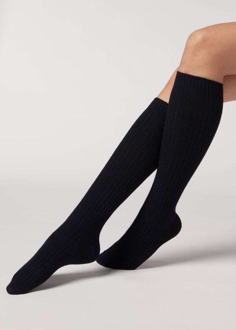 Calzedonia Gerippt Long with Wolle and Cashmere Socken Damen Blau | DE1934DN