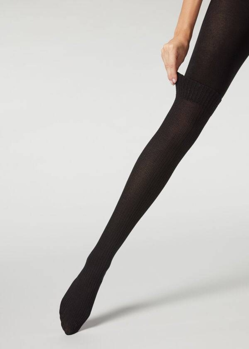 Calzedonia Gerippt Longuette Effect with Cashmere Patterned Strumpfhose Damen Schwarz | DE3066NB