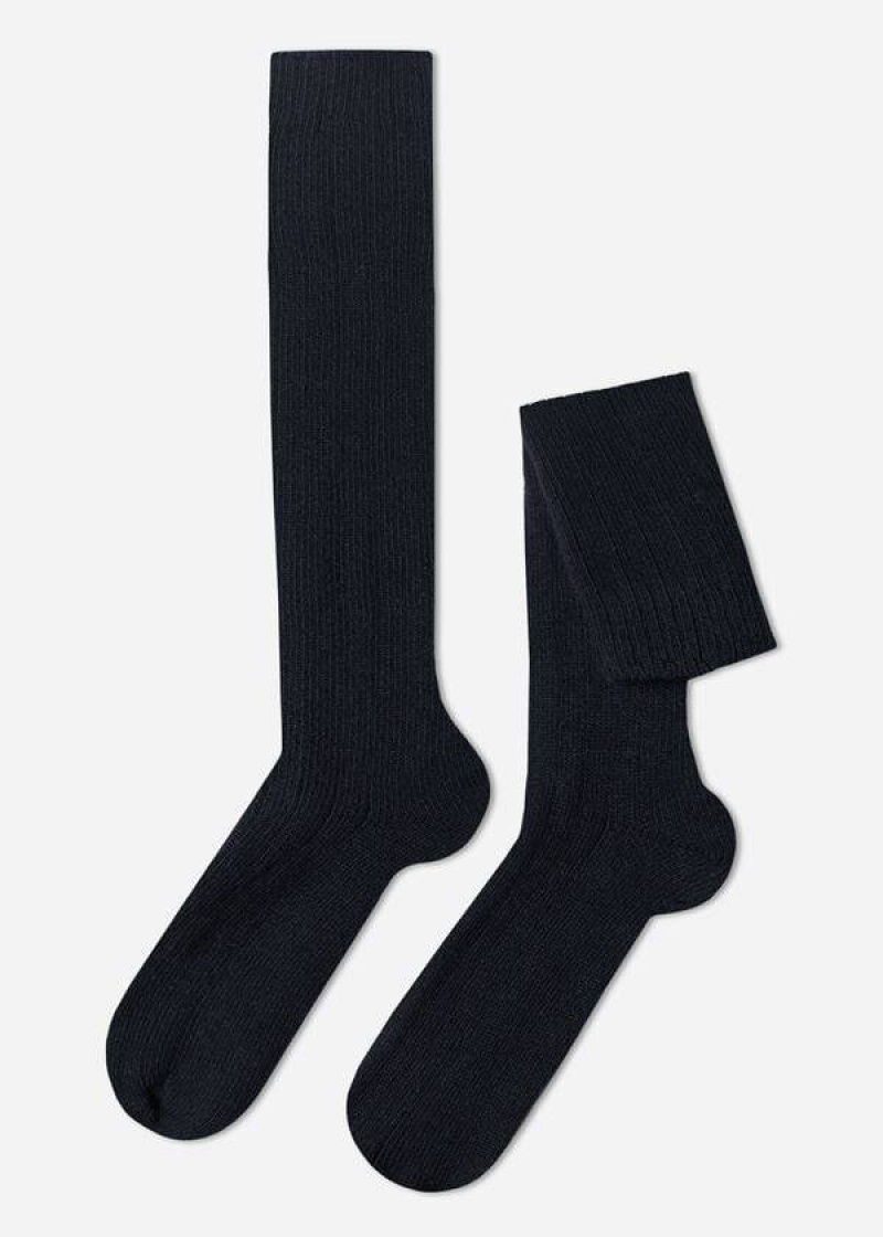 Calzedonia Gerippt Wolle and Cashmere Long Socken Herren Blau | DE1414DN