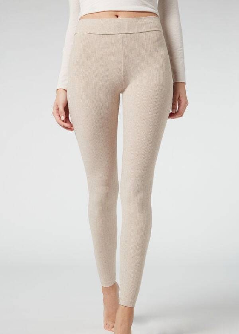 Calzedonia Gerippt with Cashmere Leggings Damen Beige | DE1517SO