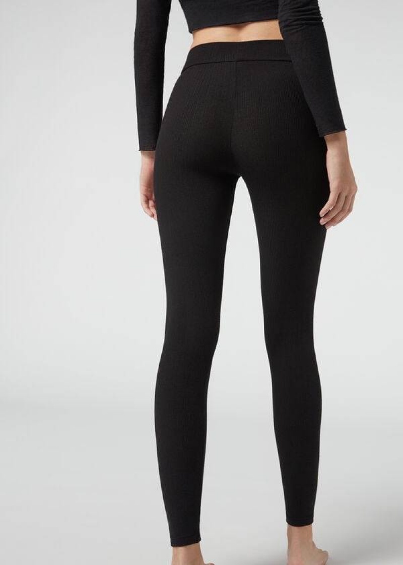 Calzedonia Gerippt with Cashmere Leggings Damen Schwarz | DE1516AP