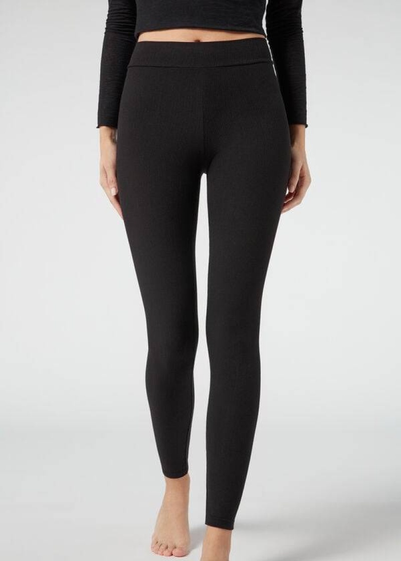 Calzedonia Gerippt with Cashmere Leggings Damen Schwarz | DE1516AP