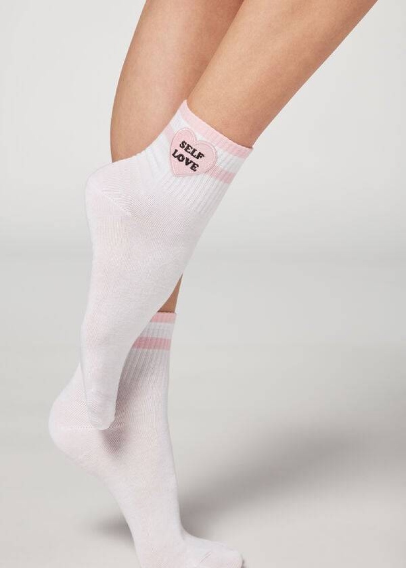 Calzedonia Girl Power Print Kurzes Socken Damen Weiß Rosa | DE1755HK