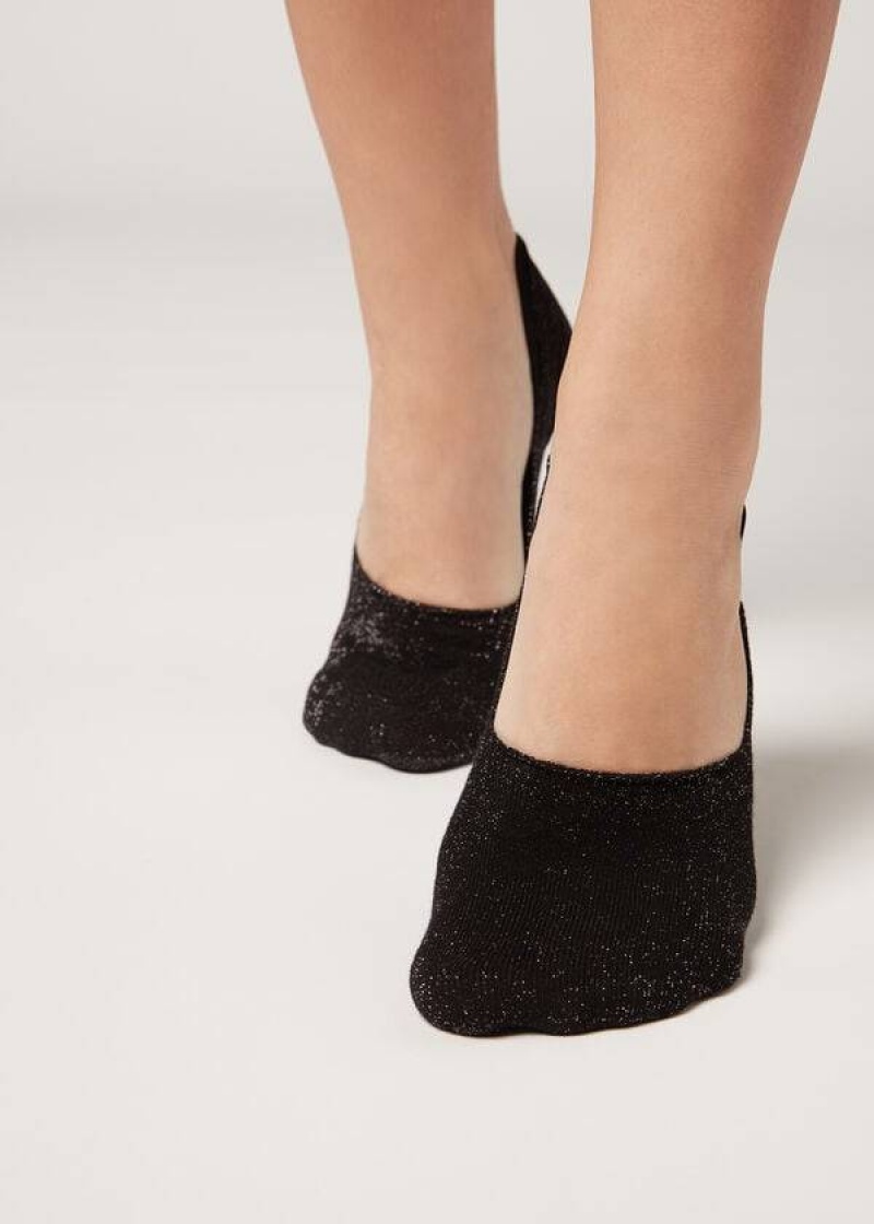 Calzedonia Glitter Baumwoll Invisible Socken Damen Schwarz | DE1983PQ