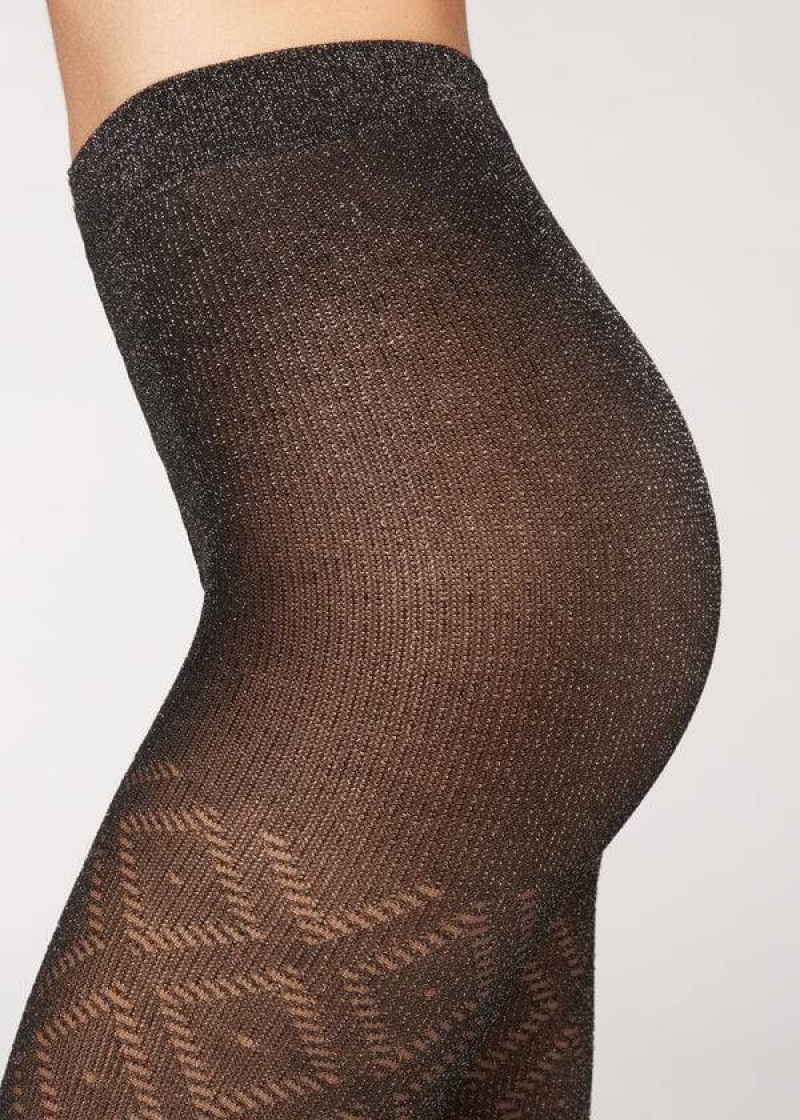 Calzedonia Glitter Diamond Pattern Patterned Strumpfhose Damen Schwarz Silber | DE3084NB