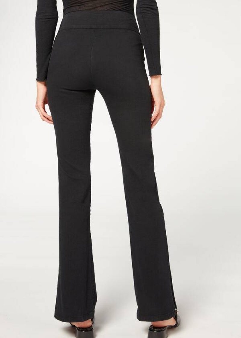 Calzedonia High-Taille Flared in Denim with Slits Leggings Damen Schwarz | DE1532QZ