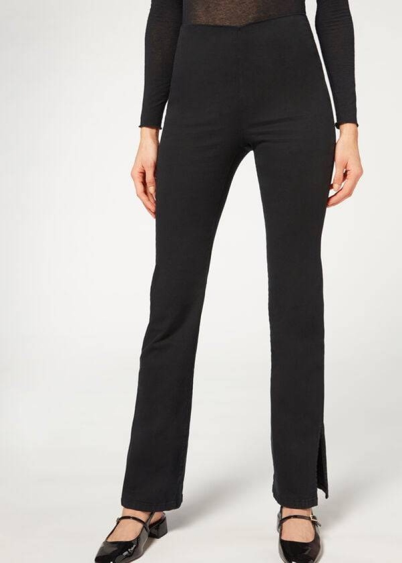 Calzedonia High-Taille Flared in Denim with Slits Leggings Damen Schwarz | DE1532QZ