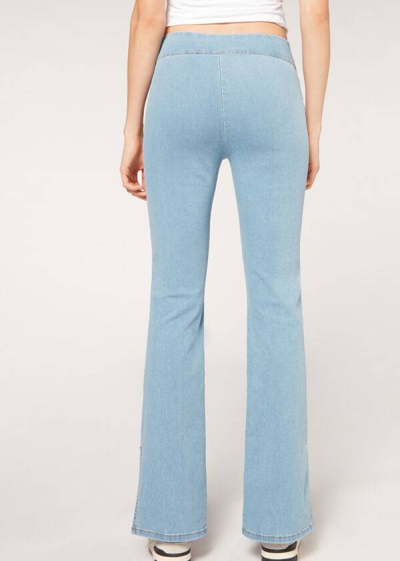 Calzedonia High-Taille Flared in Denim with Slits Leggings Damen Blau | DE1531MA