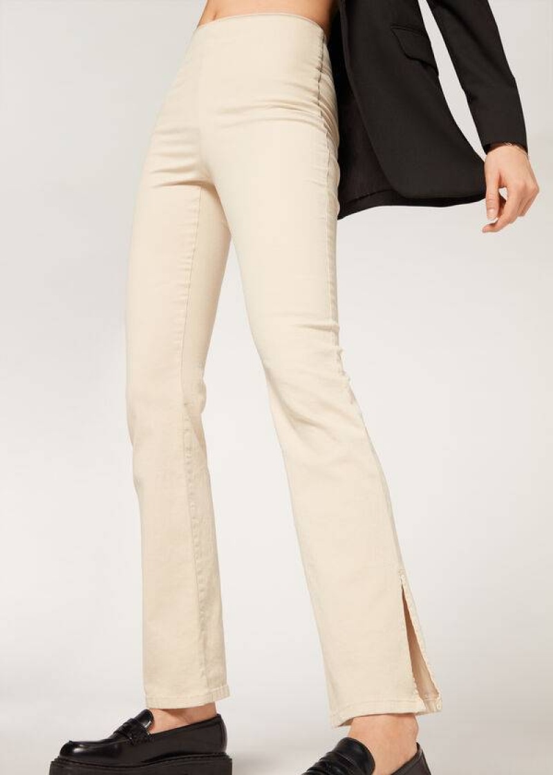 Calzedonia High-Taille Flared in Denim with Slits Leggings Damen Braun Beige | DE1530NB