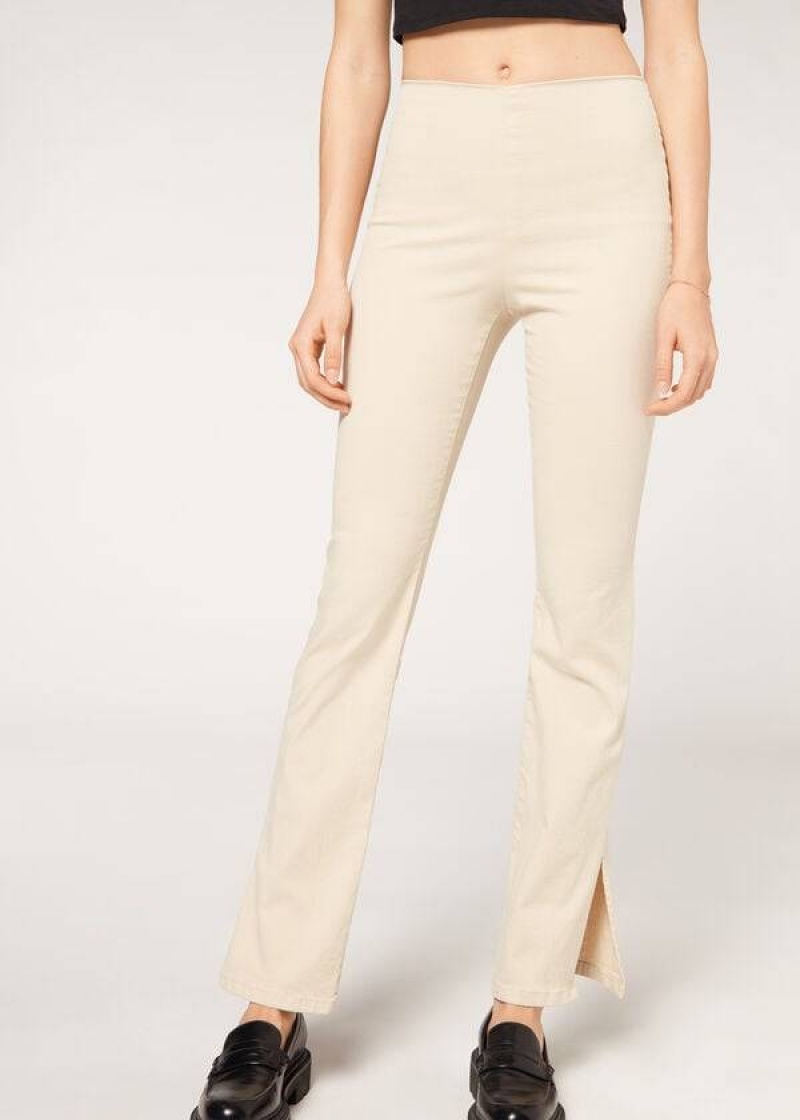 Calzedonia High-Taille Flared in Denim with Slits Leggings Damen Braun Beige | DE1530NB