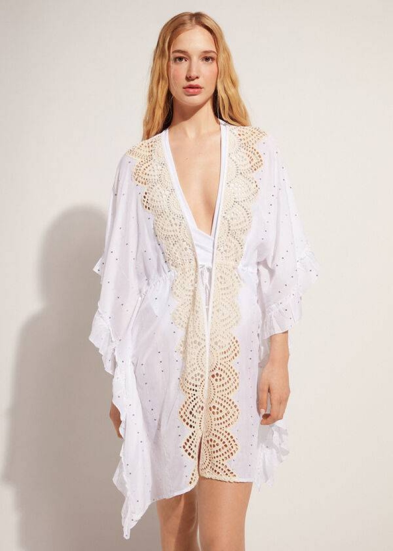 Calzedonia Kimono Caftan with Sangallo Spitze and Sequins Cover-Ups Damen Weiß | DE2106EX