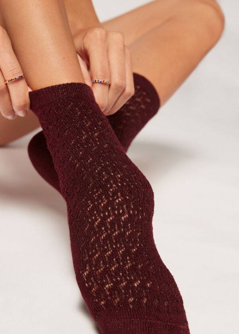 Calzedonia Kurzes Openwork with Glitter Socken Damen Bordeaux | DE1686NB