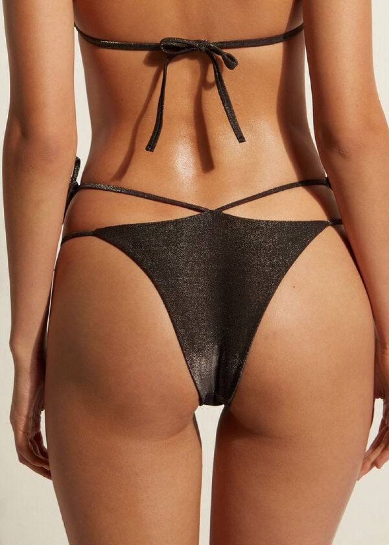 Calzedonia Lamé Brazilian Side String Hollywood Bikinihosen Damen Schwarz | DE2706RW