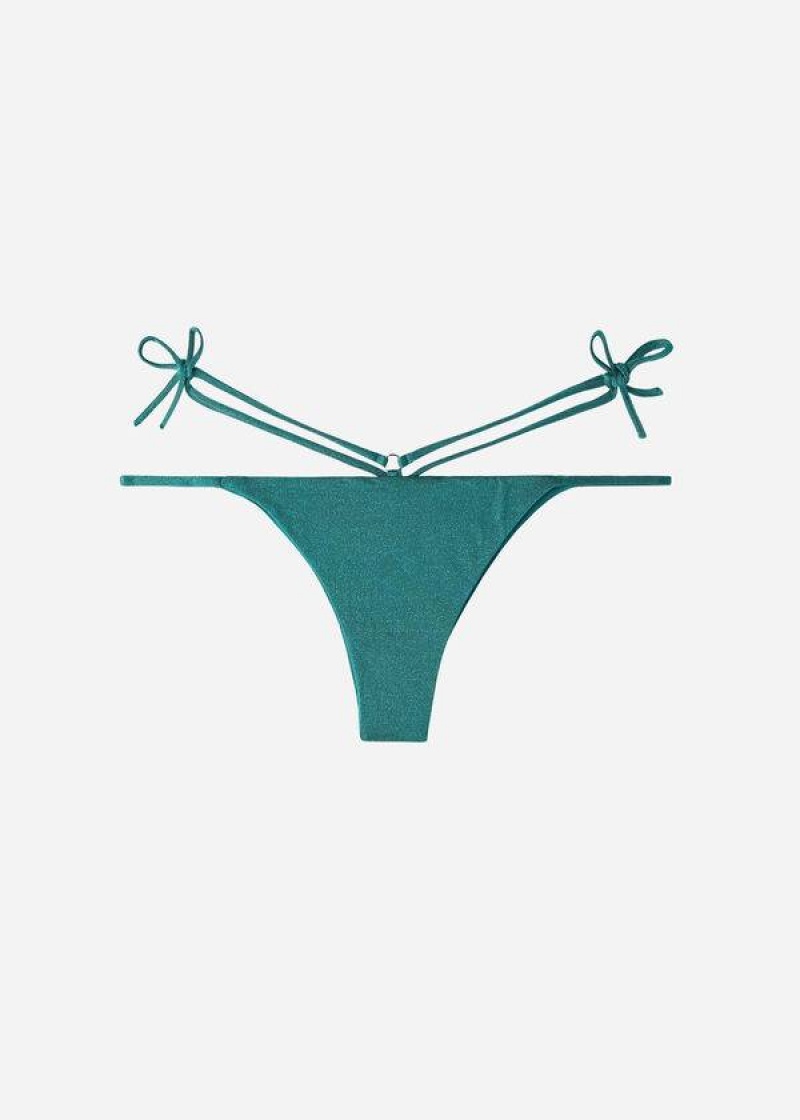 Calzedonia Lamé Brazilian Side String Hollywood Bikinihosen Damen Grün | DE2705TV