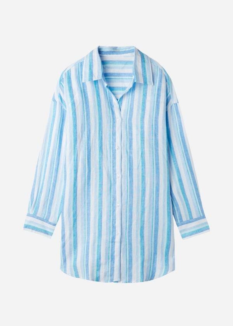 Calzedonia Linen Shirt Cover-Ups Damen Blau Weiß | DE2101BC