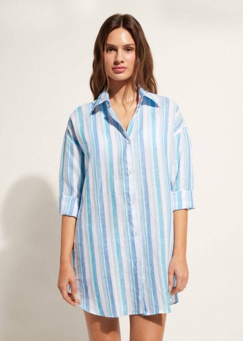 Calzedonia Linen Shirt Cover-Ups Damen Blau Weiß | DE2101BC