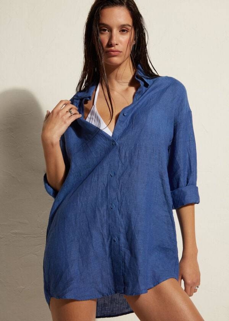 Calzedonia Linen Shirt Cover-Ups Damen Blau | DE2100VD