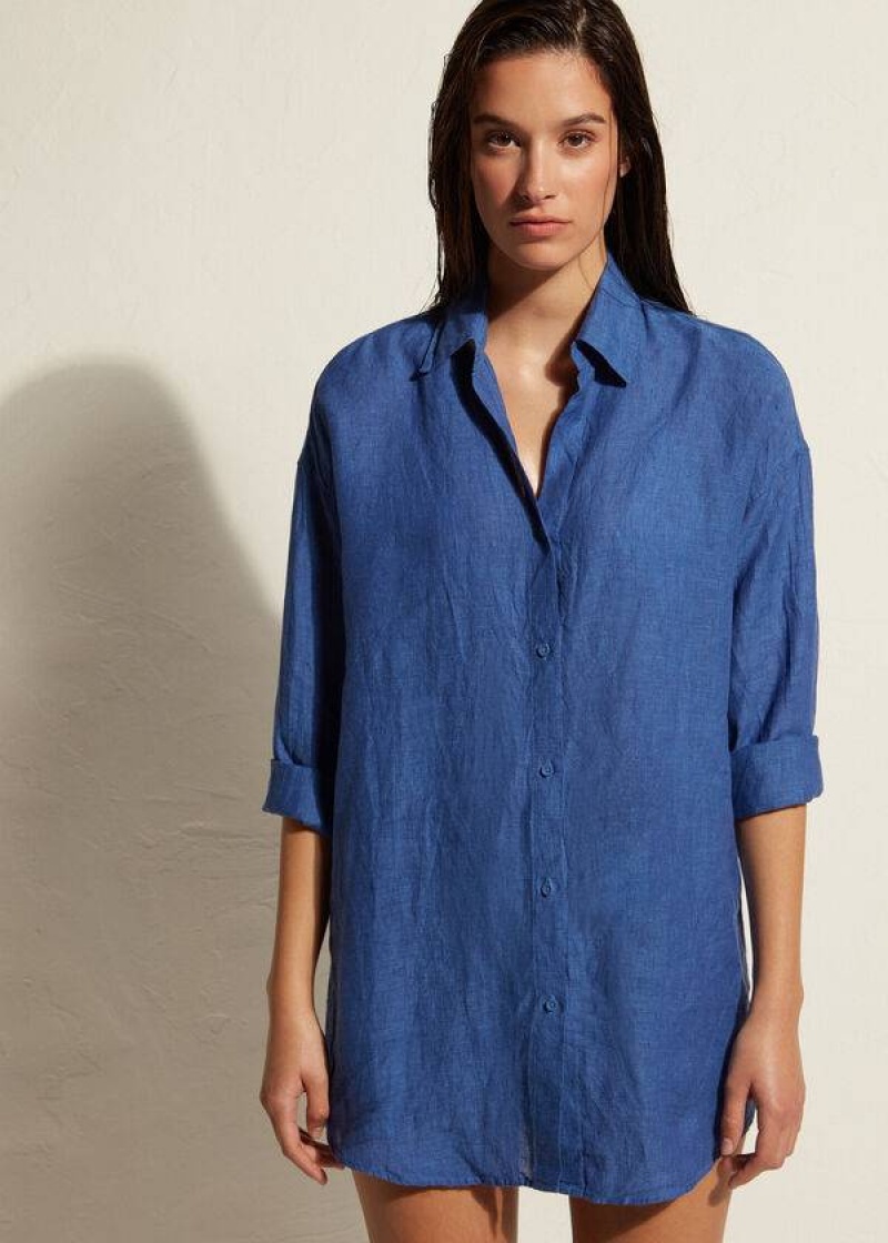 Calzedonia Linen Shirt Cover-Ups Damen Blau | DE2100VD