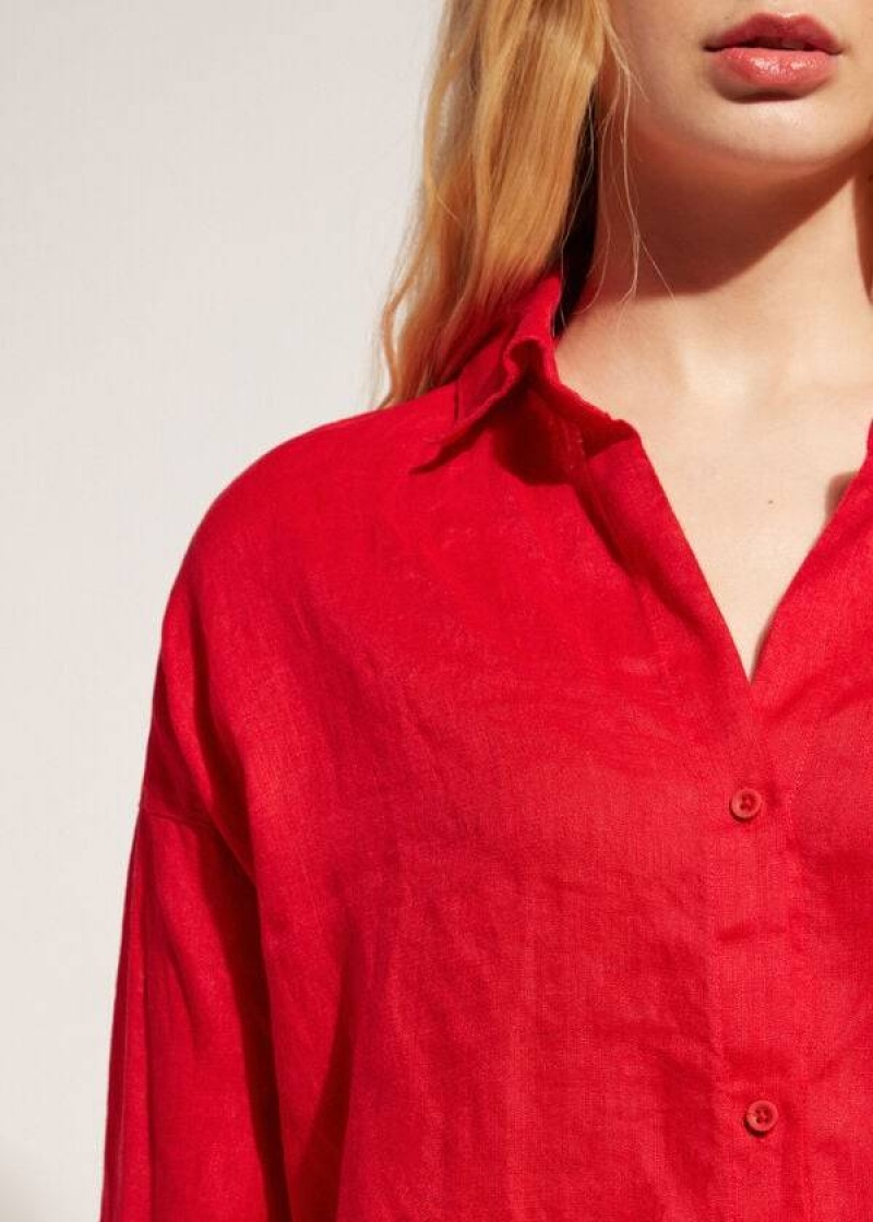 Calzedonia Linen Shirt Cover-Ups Damen Rot | DE2096LH