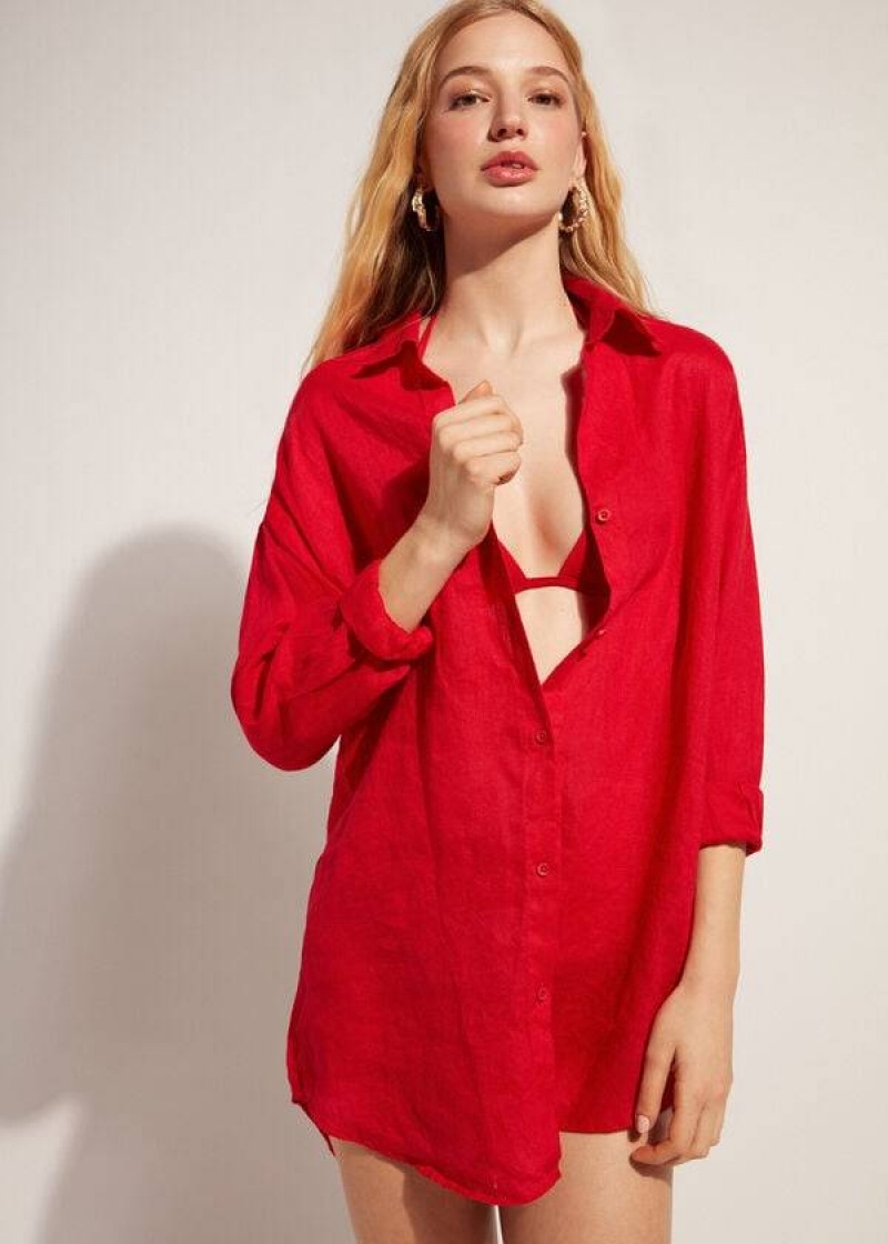 Calzedonia Linen Shirt Cover-Ups Damen Rot | DE2096LH