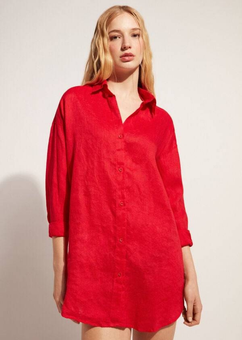 Calzedonia Linen Shirt Cover-Ups Damen Rot | DE2096LH